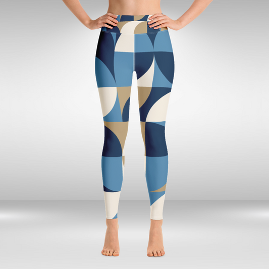 Women Yoga Legging - Blue and Khaki Abstract Print