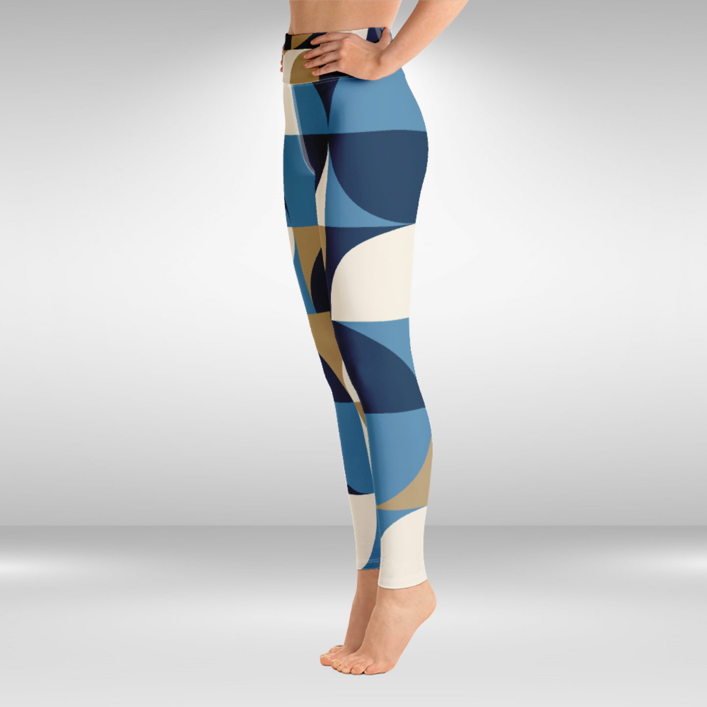 Women Yoga Legging - Blue and Khaki Abstract Print