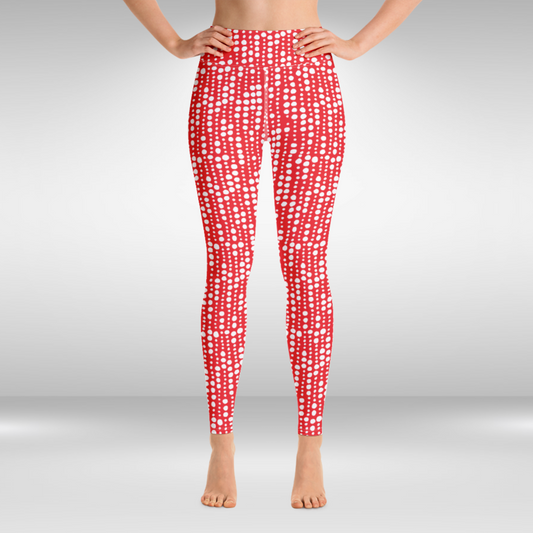 Women Yoga Legging - Red and White Polka Dots Print