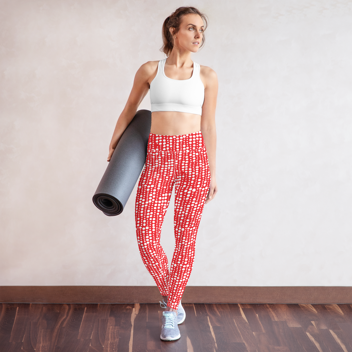 Women Yoga Legging - Red and White Polka Dots Print