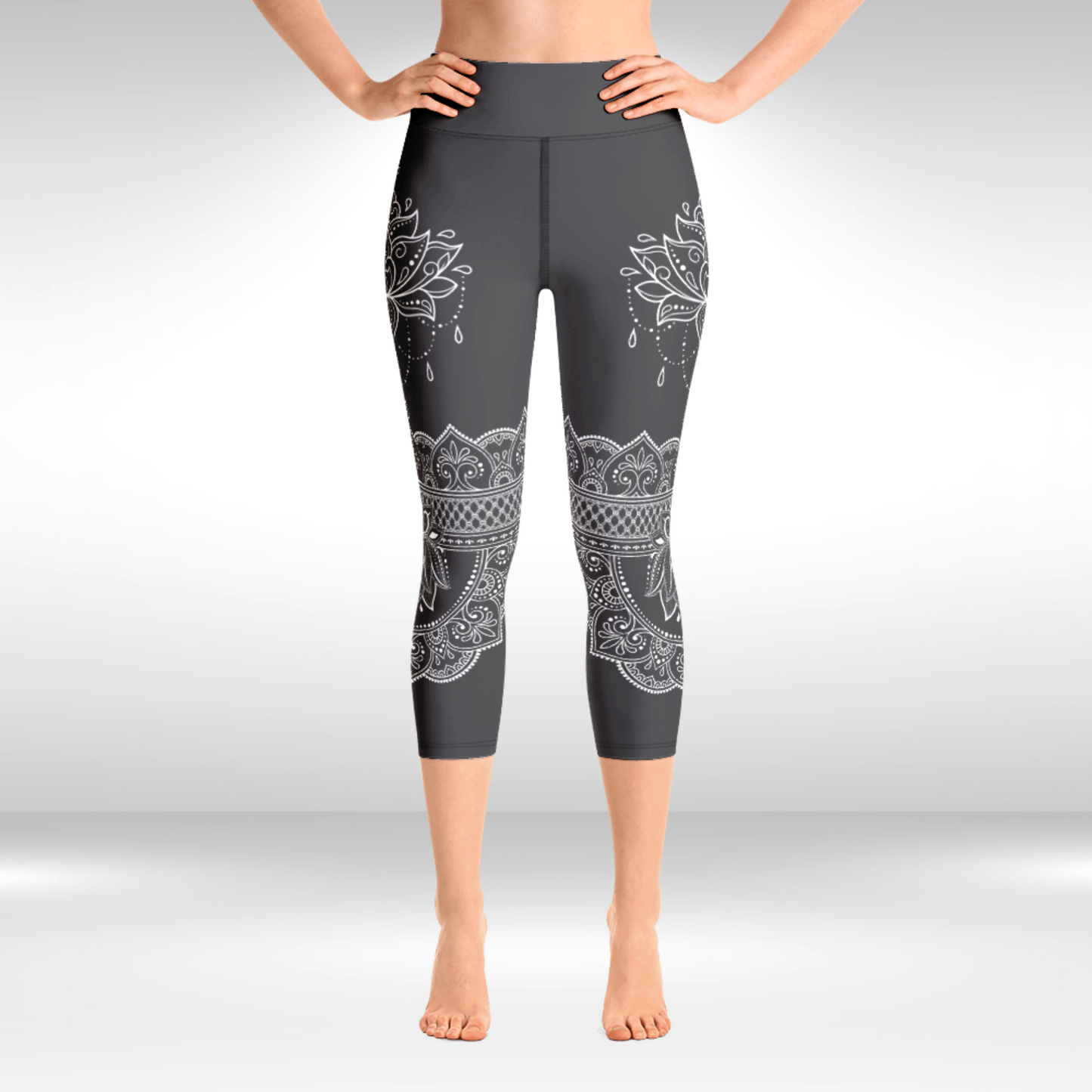 Women Yoga Legging - Grey and White Lotus Print