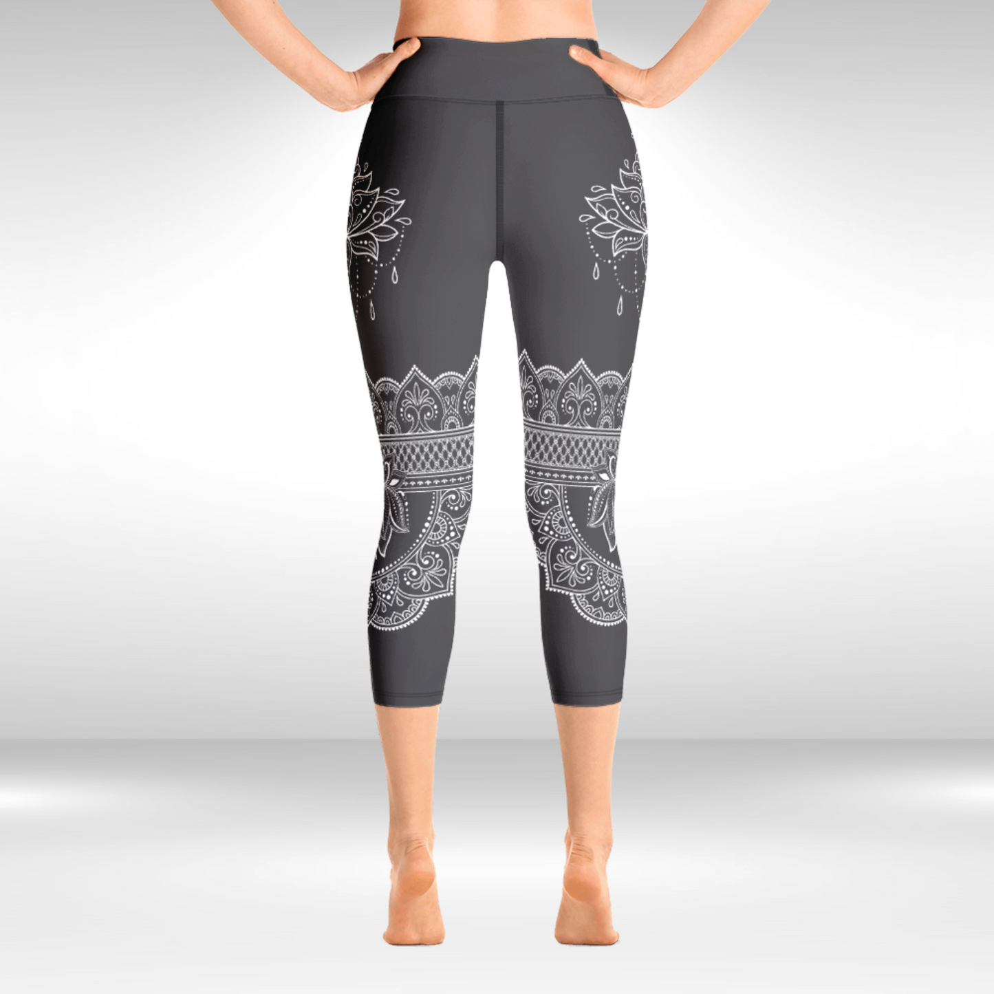 Women Yoga Legging - Grey and White Lotus Print