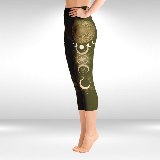 Women Yoga Capri Legging - Henna and Gold Moon Mandala Print