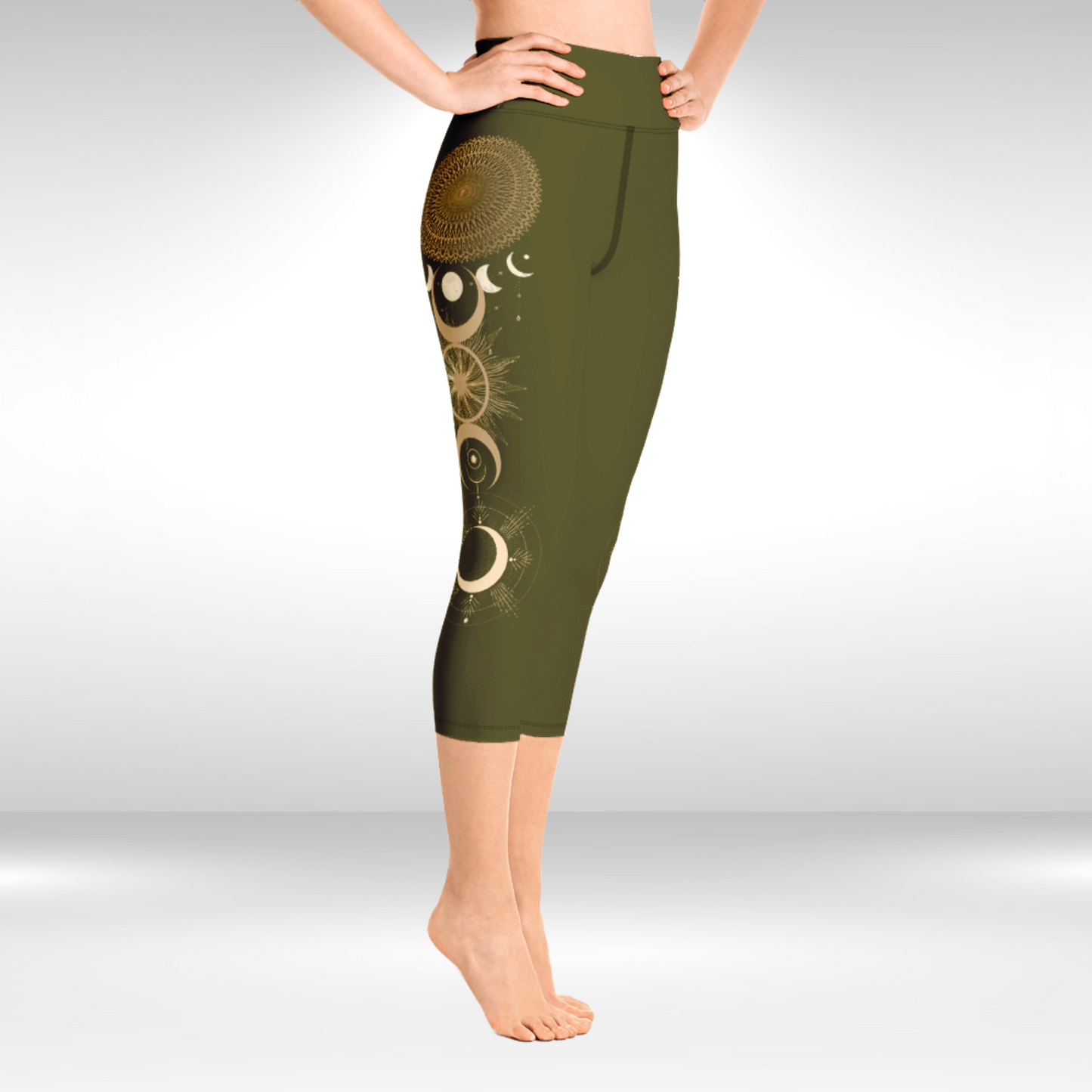 Women Yoga Capri Legging - Henna and Gold Moon Mandala Print