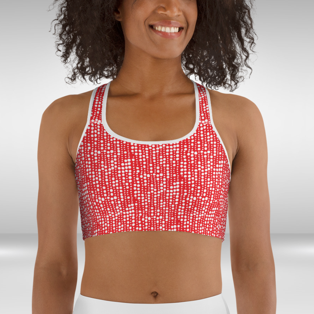 Women Sports Bra - Red and White Polka Dot Print