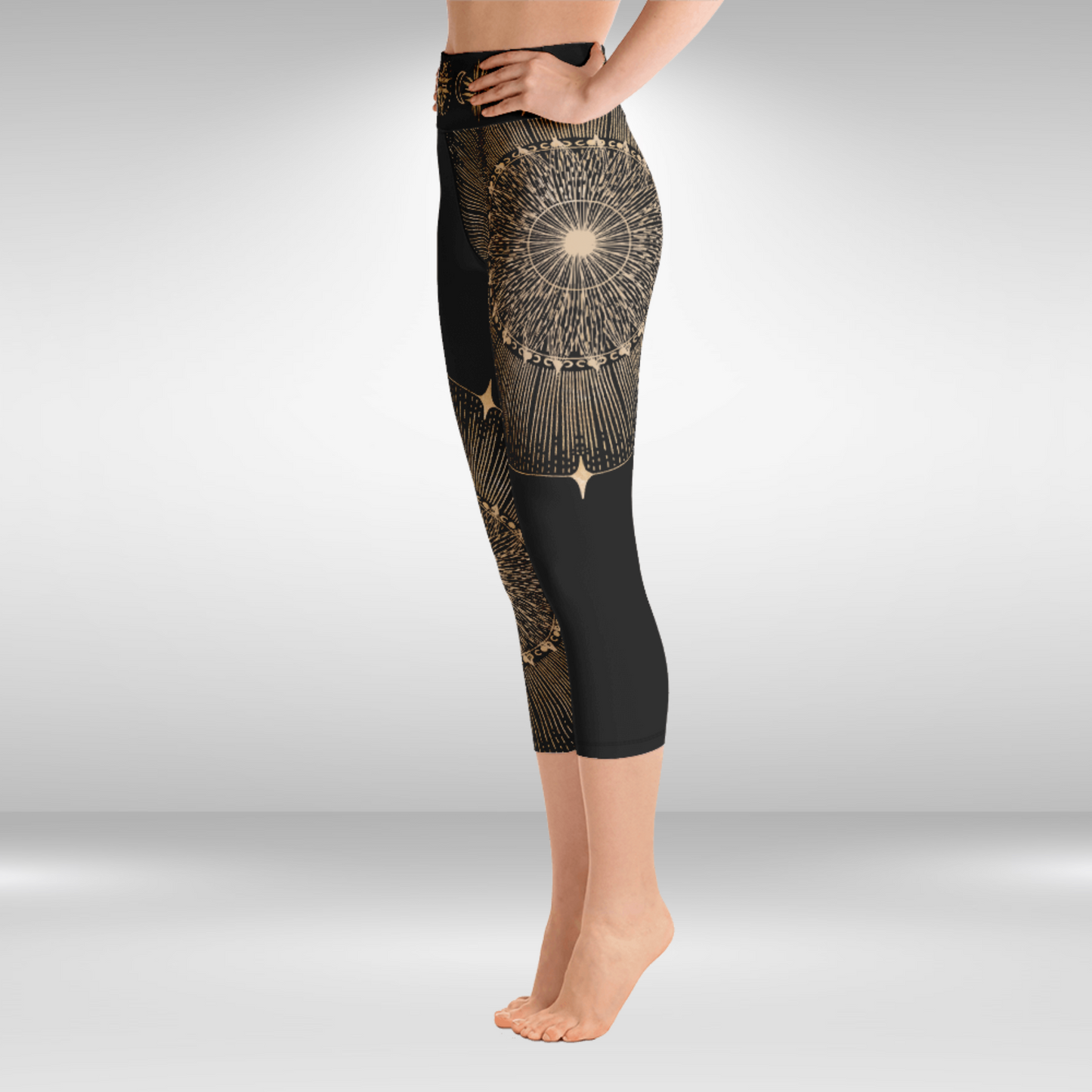 Women Yoga Capri Legging - Gold Sun Mandala Print