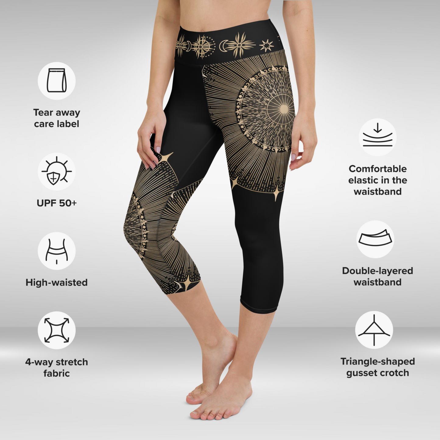 【関税込み】Golden Star patterned legging Women's Capri Leggings - Gold Sun Mandala Print