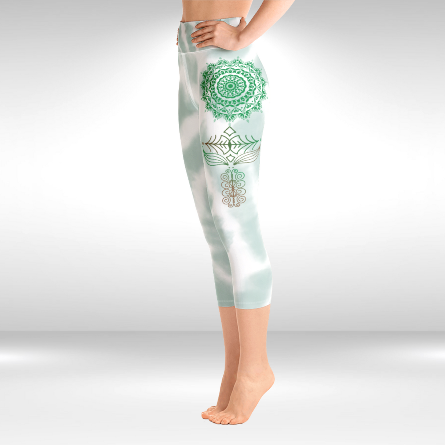 Women Capri Legging - Green Tie Dye Mandala Print