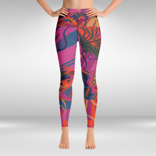Women Yoga Legging - Pink Tropical Print